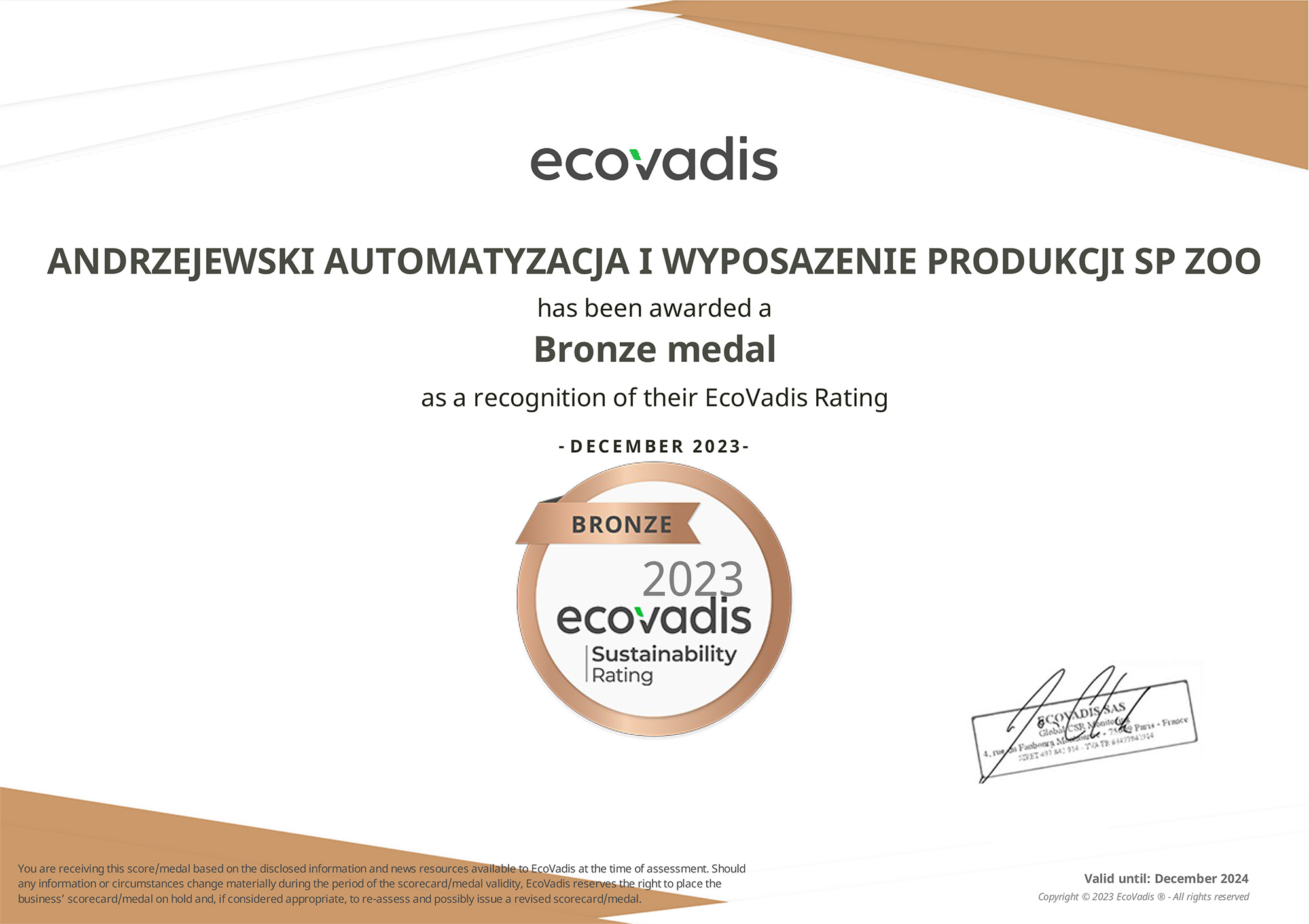 Brązowy medal EcoVadis 2023